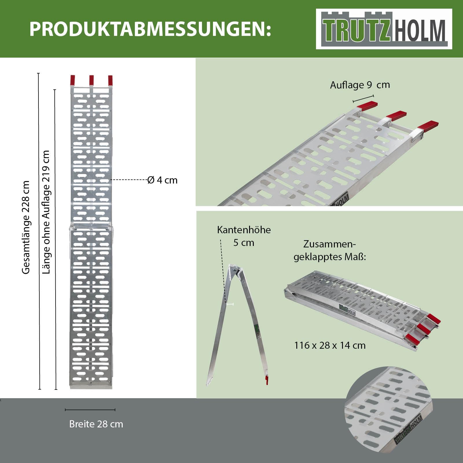 TRUTZHOLM 2 x Auffahrrampe klappbar 228 cm Traglast 680 kg Alu grau gelocht Motorradrampe