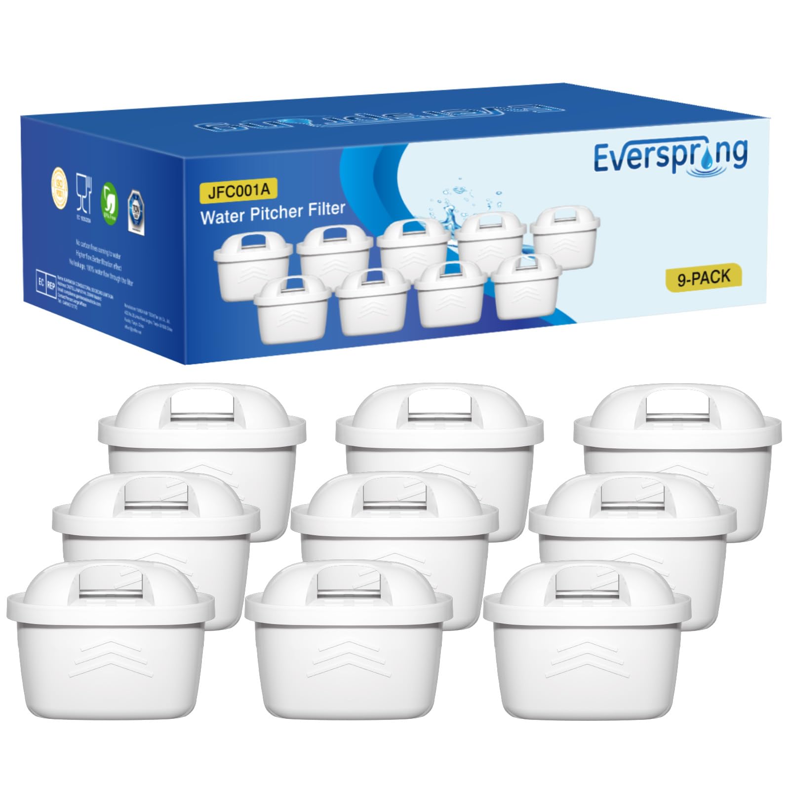 EVERSPRING Wasserfilter Kompatibel mit Brita Maxtra+, Maxtra Plus,Mavea,Anna Duomax,Filtration fur Kalkentfernung,Reduziert Verunreinigungen,9 Stück