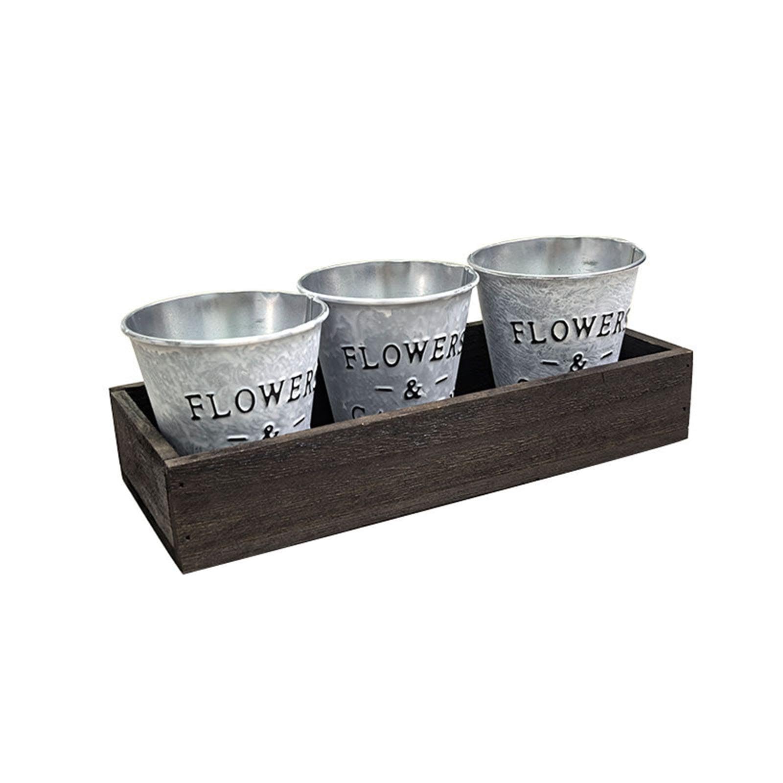 Msioytog Of 3 Rural Electroplate Planter Metal Flower Pots with Wood Holder for Home and Decoration Desk Accessories Home Decorative Pots