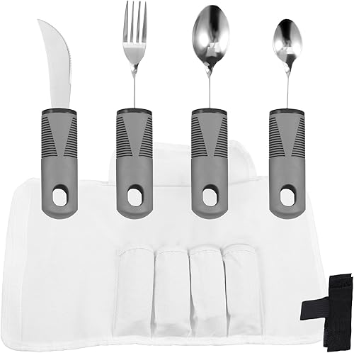 4 Pcs Adaptive Utensil Set Ergonomic Weighted Silverware with Fixing Strap and Cloth Bag,Portable Easy Grip Silverware for Elderly Shaking and