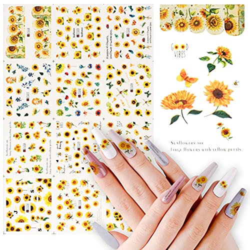 12 Feuilles Tournesol Autocollants pour Ongles, Transfert à Eau Nail Stickers, Autocollant à Ongles Décoration Autocollants, pour Femmes Salon de Bricolage et D'ongles Cover