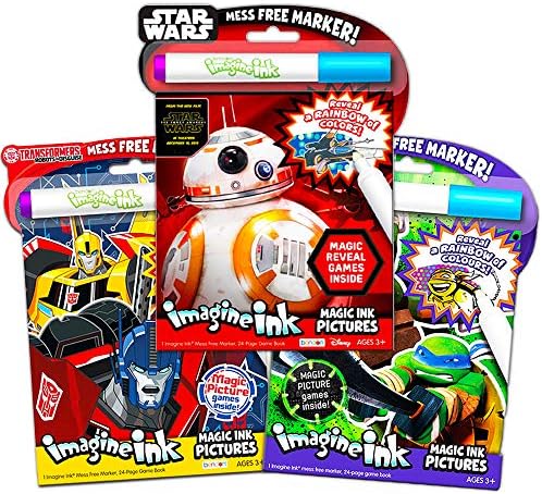 Magic Ink Coloring Book Super Set - 3 Imagine Ink Books for Kids Toddlers Featuring Star Wars, Transformers, Bonus Title with Invisible Ink Pens (Mess Free Coloring Bundle)
