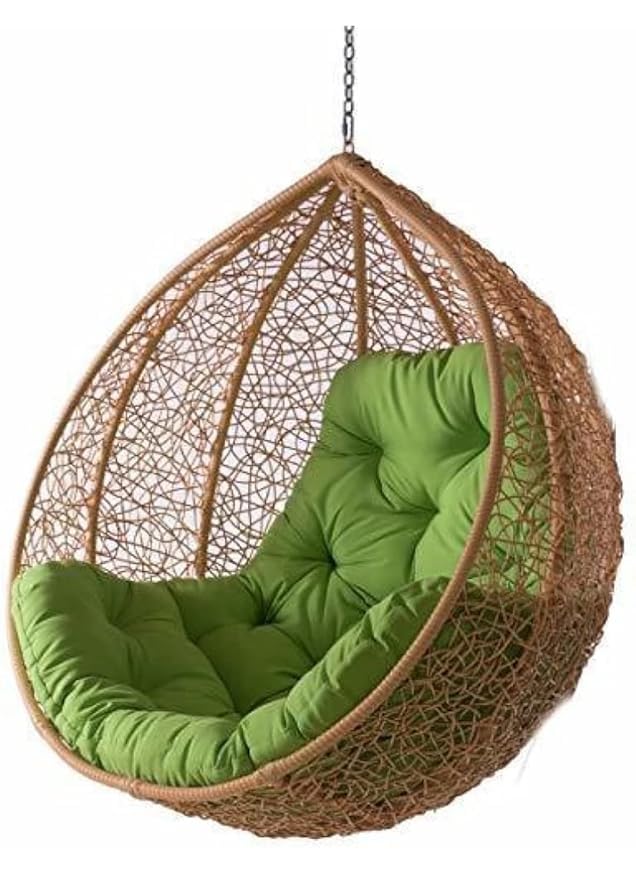 Hanging Swing Chair Without Stand Include Soft Fluffy Cushion – Hammock Chair, Egg Swing Chair for Balcony, Bedroom, Garden, Outdoor, Indoor, Terrace (Golden with Green Cushion)