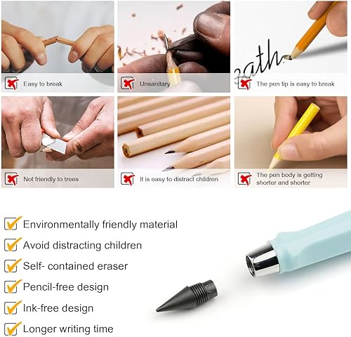 Miniatura 5 de 6 juegos de lápices infinitos reutilizables, sin tinta, sin afilar, con 6 puntas reemplazables adicionales y 6 lindos vasos para lápices, lápiz
