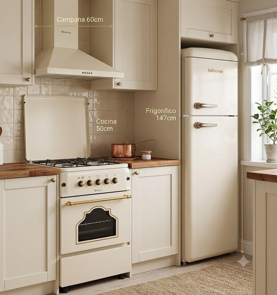 SOLTHERMIC PACK 3 EN 1 CREMA RÚSTICO COCINA GAS F5S40G2 4 JUEGOS HORNO AMPLIO + CAMPANA DECORATIVA 60 CM Y FRIGORIFICO 2P F2PR147C 1,47 x 55 gran capacidad de HASTA 220L y bajo consumo