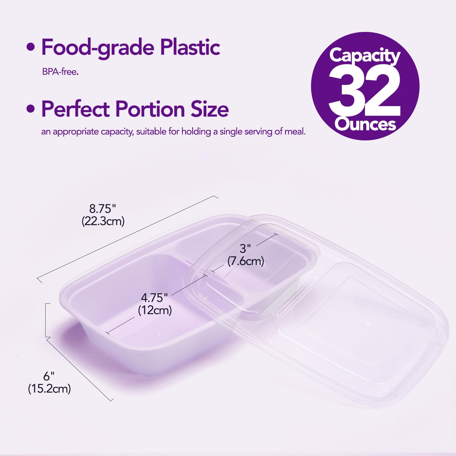 Glotoch - Paquete de 50 recipientes reutilizables para preparación de comidas, 2 compartimentos, contenedores desechables de plástico con tapas para microondas, lavavajillas y congelador de 32 onzas