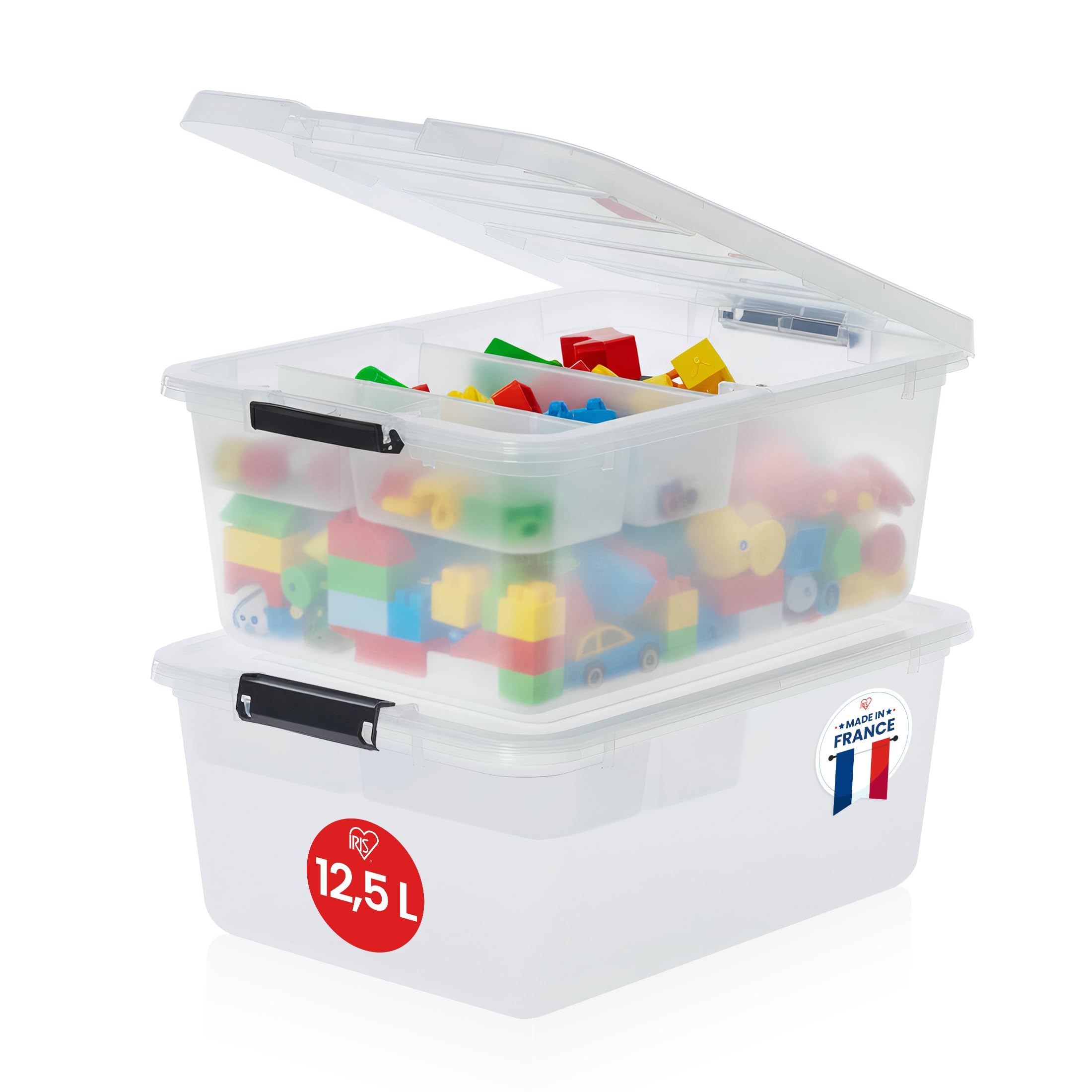 Iris Ohyama Aufbewahrungsboxen mit Deckel und Inneneinsatz, 12.5L, 2er-Set, Transparent, Sicherer Verschluss, Stapelbar, Griffe, Schlafzimmer, Schrank, Büro, Organisation, BPA-frei, FTB-12.5