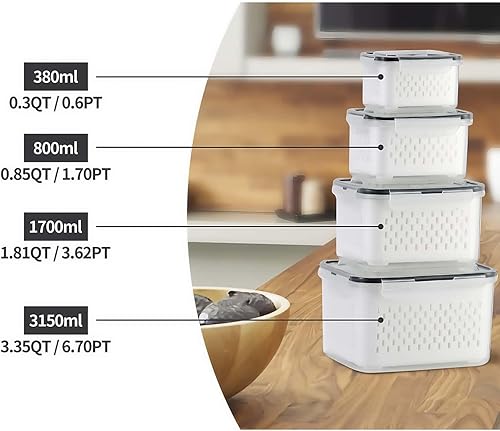 Miniatura 4 de Recipientes herméticos de almacenamiento para refrigerador con colador extraíble, caja de almacenamiento de alimentos con cesta de drenaje, aptos