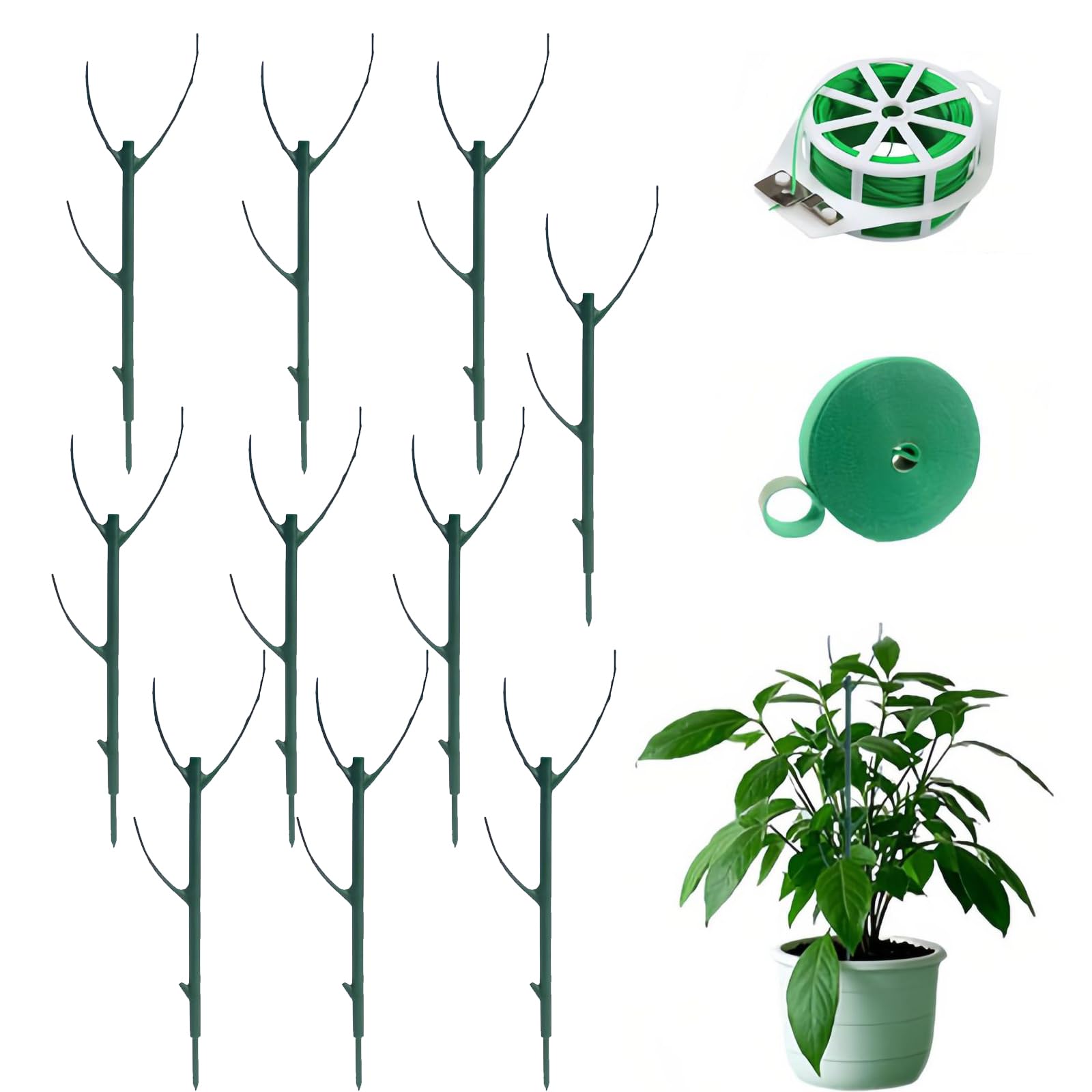 YQBFTC 10Pcs Stackable Plant Supports for Indoor Plants,Adjustable Moss Pole for Monstera Garden Plant Support Sticks with Twist Ties and Plant Ties for Climbing Indoor & Outdoor Plants