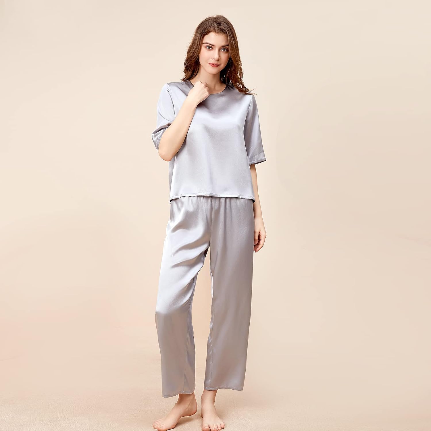 THXSILK Silk Women's Pajama Set, 6A Pure Mulberry Silk Round Neck Short Sleeve Nightwear with Long Pants - Image 2