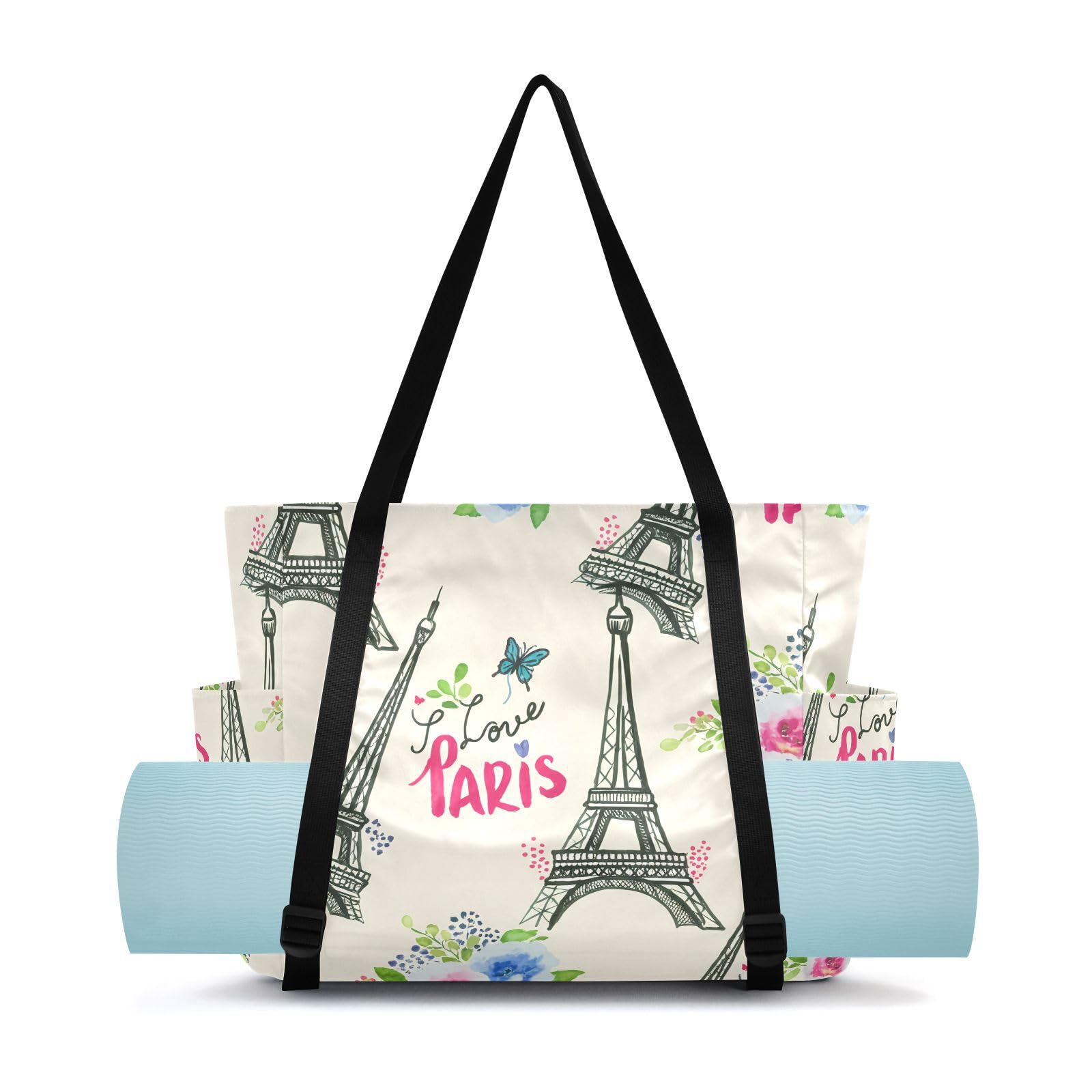 Lxqimora Eiffel Tower Flowers Romantic Yoga Mat Bag for Women Water-Resistant Gym Bag with Yoga Mat Holder Tote Bag for Yoga Mat Blocks