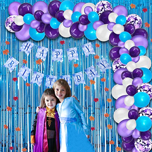 Frozen Birthday Party Decoration Supplies for Girl - 72pcs Balloons, Happy Banners Setsï¼Œ50pcs Maple Leaf ï¼Œ2 pcs Fringe Curtains ï¼Œglobo kit for Kids