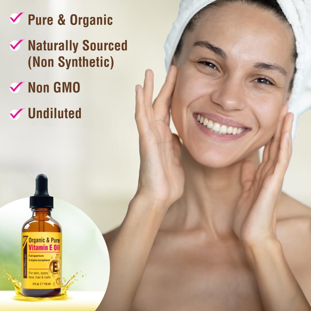 Seven Minerals Ultra Pure Vitamin E Oil - Full-Spectrum D-Alpha Tocopherol per 4 Oz Bottle - 100% Organic Vitamin E Oil for Skin, Face, Hair and Scars - Naturally Occurring=Not Synthetic. - Image 7