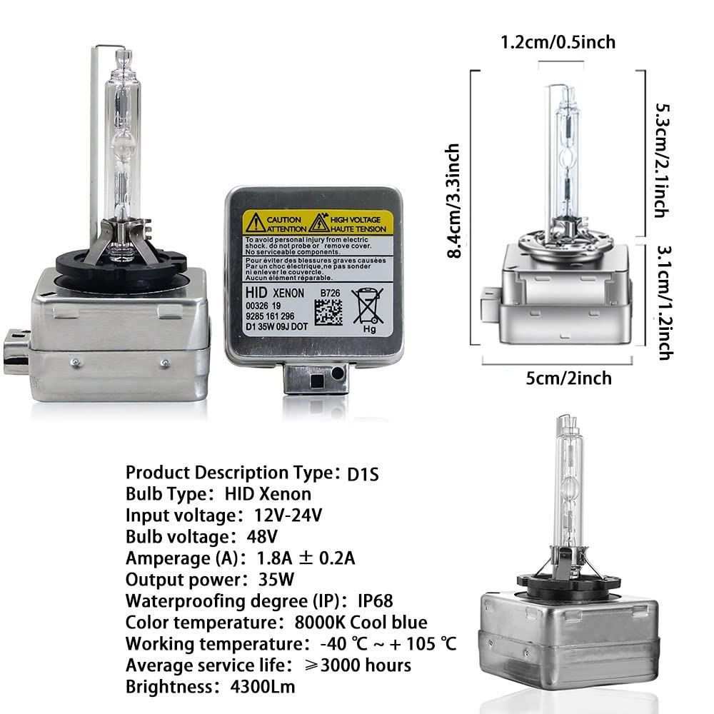 D1S Xenon Lampadine 8000K Bianco Fari, Xenon Lampada 35W 12V HID Alta Luminosità Auto Fari Lampadine, per Auto 12V 35W Lampadina per Fari HID Allo Xeno (2 lampadine)