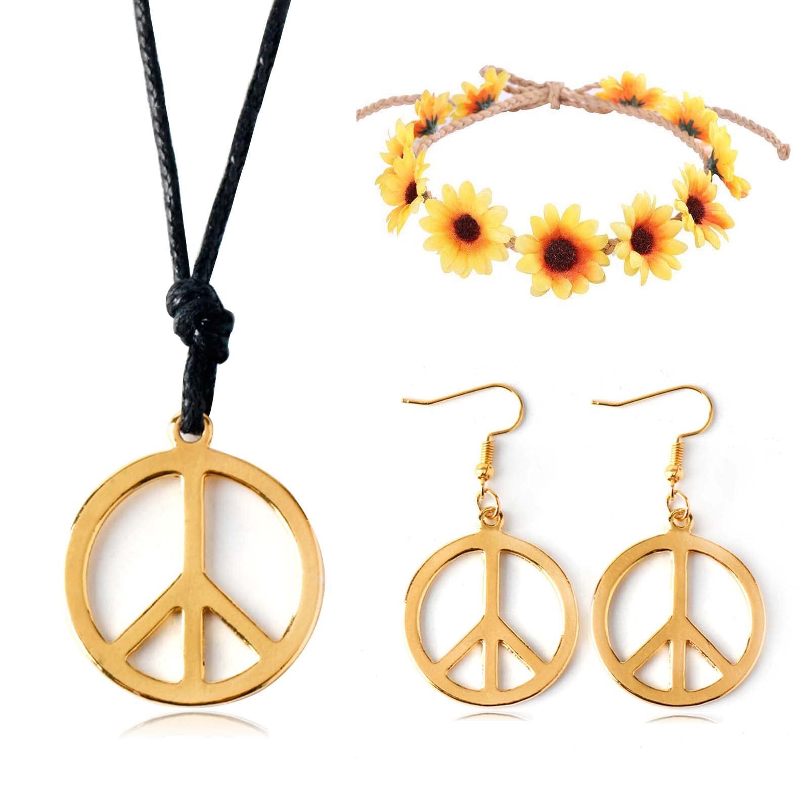4 Pieces Peace Sign Necklace Sunflower Headband Adjustable Hippie Necklaces Hippie Pendant Earring Jewelry, Alloy, other