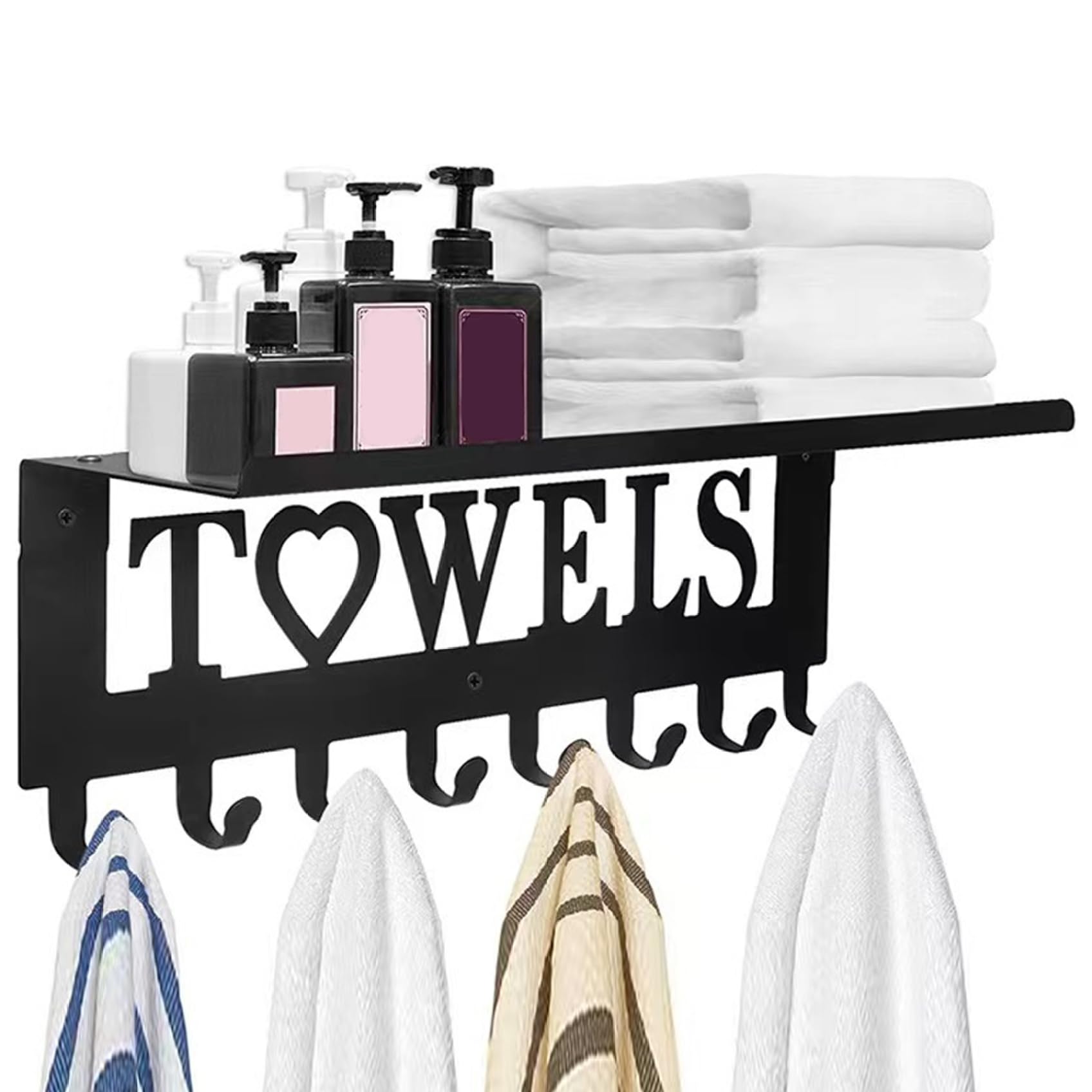 Hoveeluty Black Towel Racks For Bathroom Wall Mounted Towel Holder With 8 Hooks ＆ Shelf Rustproof Metal Towel Shelf Over The Door Hooks For Pool Hot Tub Bedroom Kithcen Pool Towel Rack Pool Towel Holder