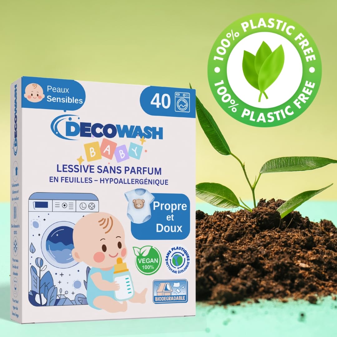 Lessive en Feuilles pour Bébé (400 Lavages) – Lessive Sans Parfum, Lessive Hypoallergénique, Lessive Écologique, 100% Biodégradable et Végan. Nettoyage Doux pour Peaux Sensibles. Sans Plastique.
