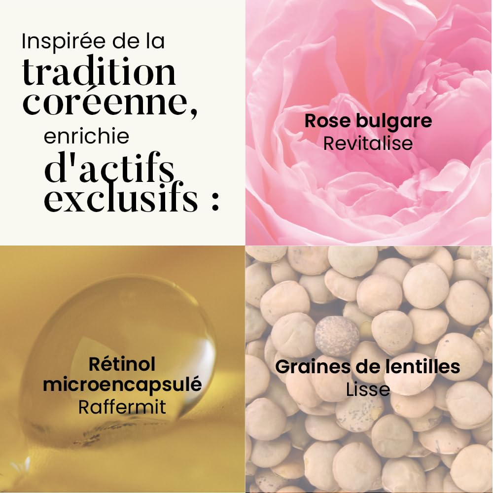 Qiriness - Masque Anti-âge Wrap Temps Sublime - Vitamine C Acide Hyaluronique Rétinol Peptides Rose Bulgare Ginseng - Pour le Visage et le Cou - Peaux Sensibles - Doré Or - 50 ml