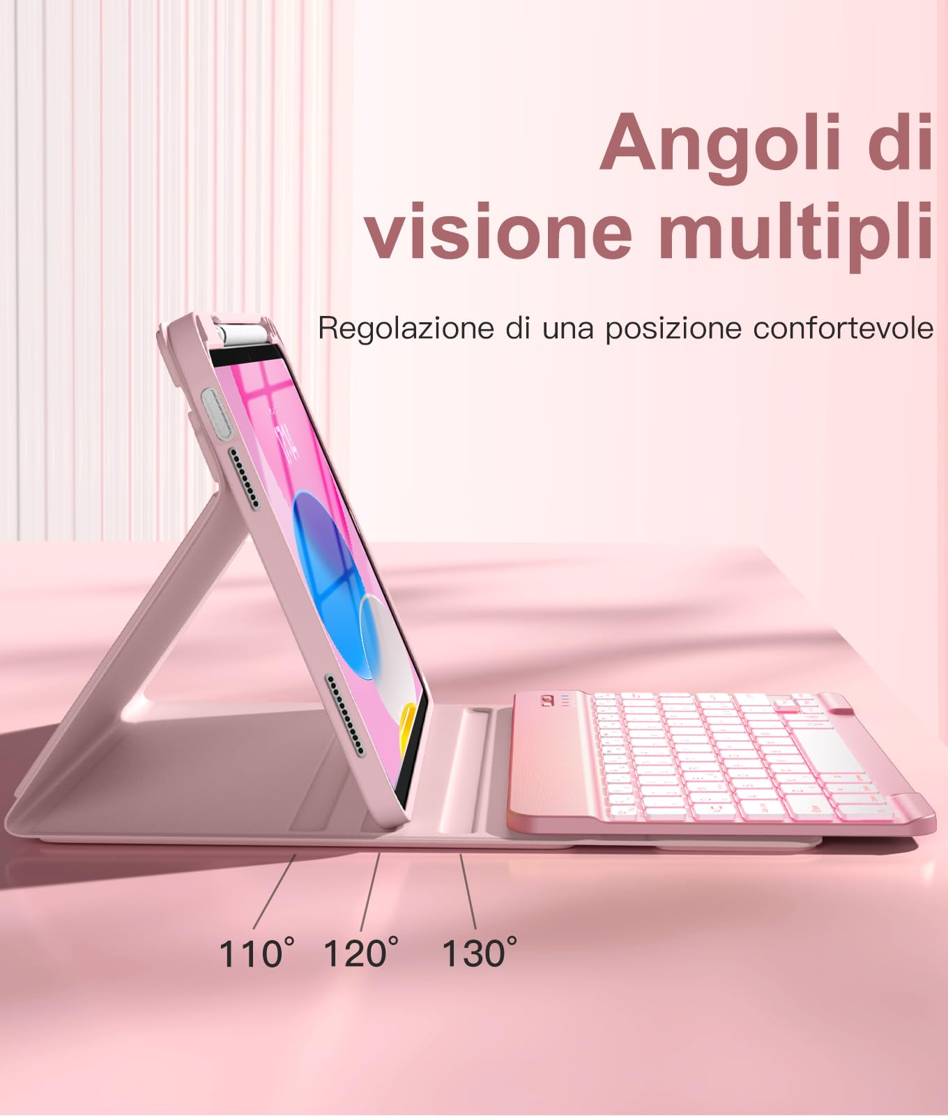 Vobafe Cover iPad A16 11 10 Generazione con Tastiera (11/10.9 Pollici, 2025/2022), Italiano QWERTY con 7 Colori Illuminato, Senza Fili Staccabile Custodia Tastiera con Portapenna, Rosa Chiaro