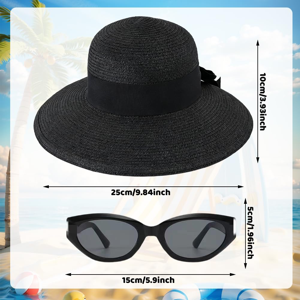 Sombreros de Sol para Mujeres Gafas de Sol UV400 para Viaje Verano Sombrero de Sol de Playa Plegable Sombrero de Paja de ala Ancha con Nudo, Negro