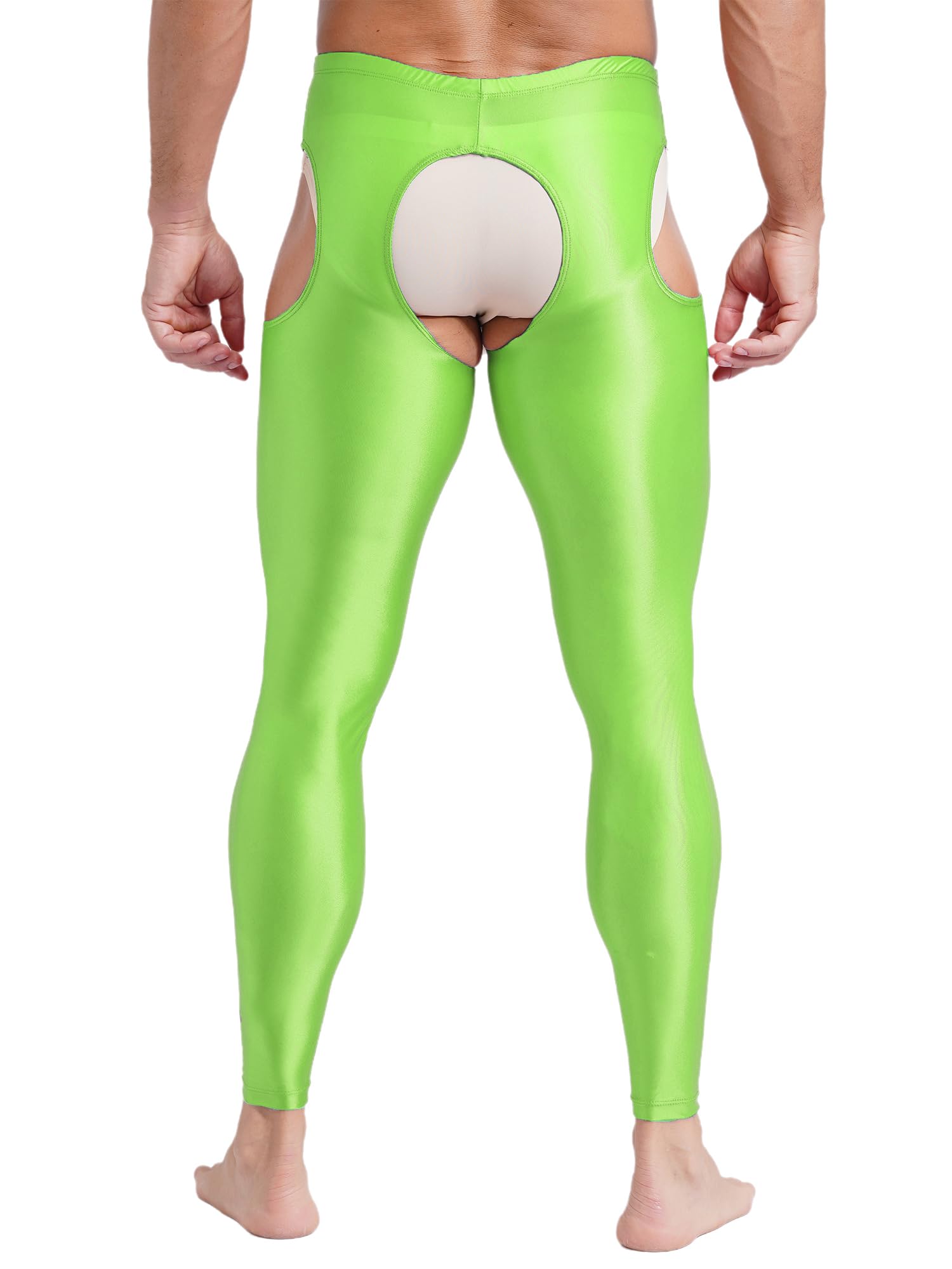 Vxuxlje Men's Oil Shiny Open Crotch Leggings High Waist Cut Out Leggings Compression Pants: Large Fluorescent Green