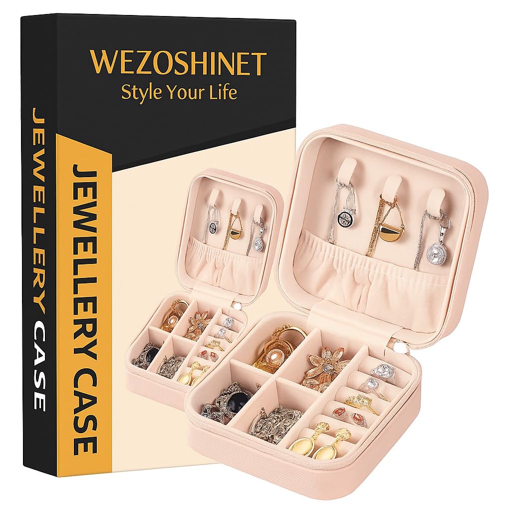 WEZOSHINET Mini Jewellery Travel Case, PU Leather Organizer Box, Small Portable Jewellery Storage Holder for Womens Rings Earrings Necklaces (Pink Small Zipper Jewellery Box) (PEACH)