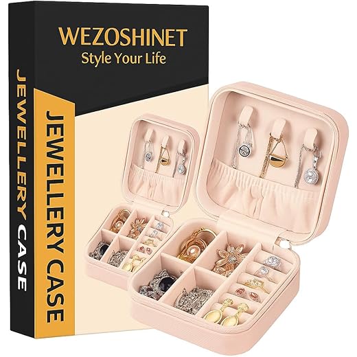 WEZOSHINET Mini Jewellery Travel Case, PU Leather Organizer Box, Small Portable Jewellery Storage Holder for Womens Rings Earrings Necklaces (Pink Small Zipper Jewellery Box) (PEACH)