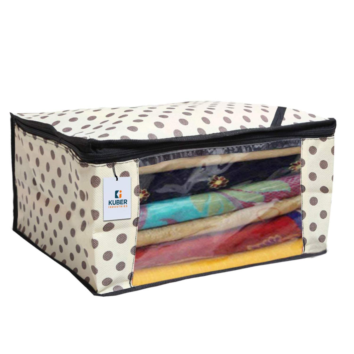 Kuber Industries Fundas plegables para sari con cremallera, organizador de armario de lunares para ropa, ventana transparente para guardar de 8 a 10 saries, adecuado para Lehenga, traje, vestido,