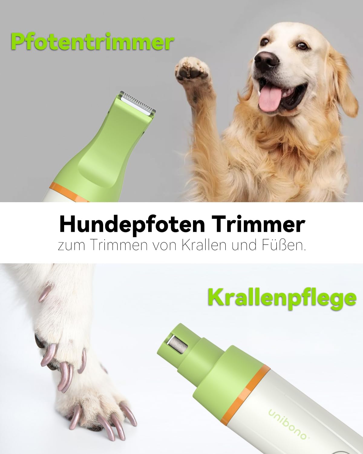 Unibono Leise Hundeschermaschine Katzenrasierer Komplett-Set, Wiederaufladbar Hund Katze Schermaschine wit 4 Multifunktions-Schneidköpfen für Pfoten, Augen, Ohren, Gesicht, Körper, IPX7 Wasserdicht