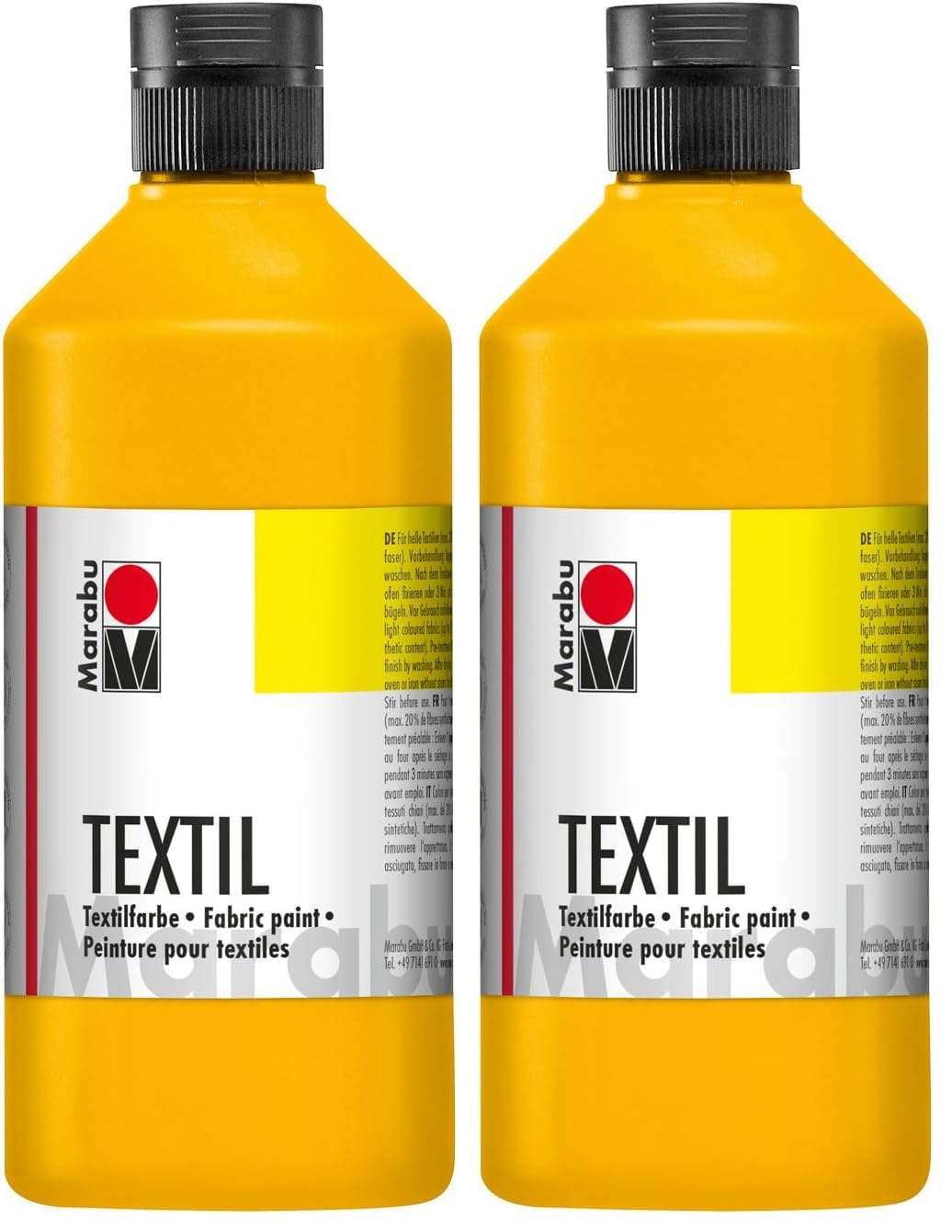 Marabu 17160075021 - Textil Stoffmalfarbe für helle Stoffe, Mittelgelb 500 ml, Druckfarbe auf Wasserbasis, waschbeständig bis 60°C, Fixierung durch Bügeln o. Backofen (Packung mit 2)