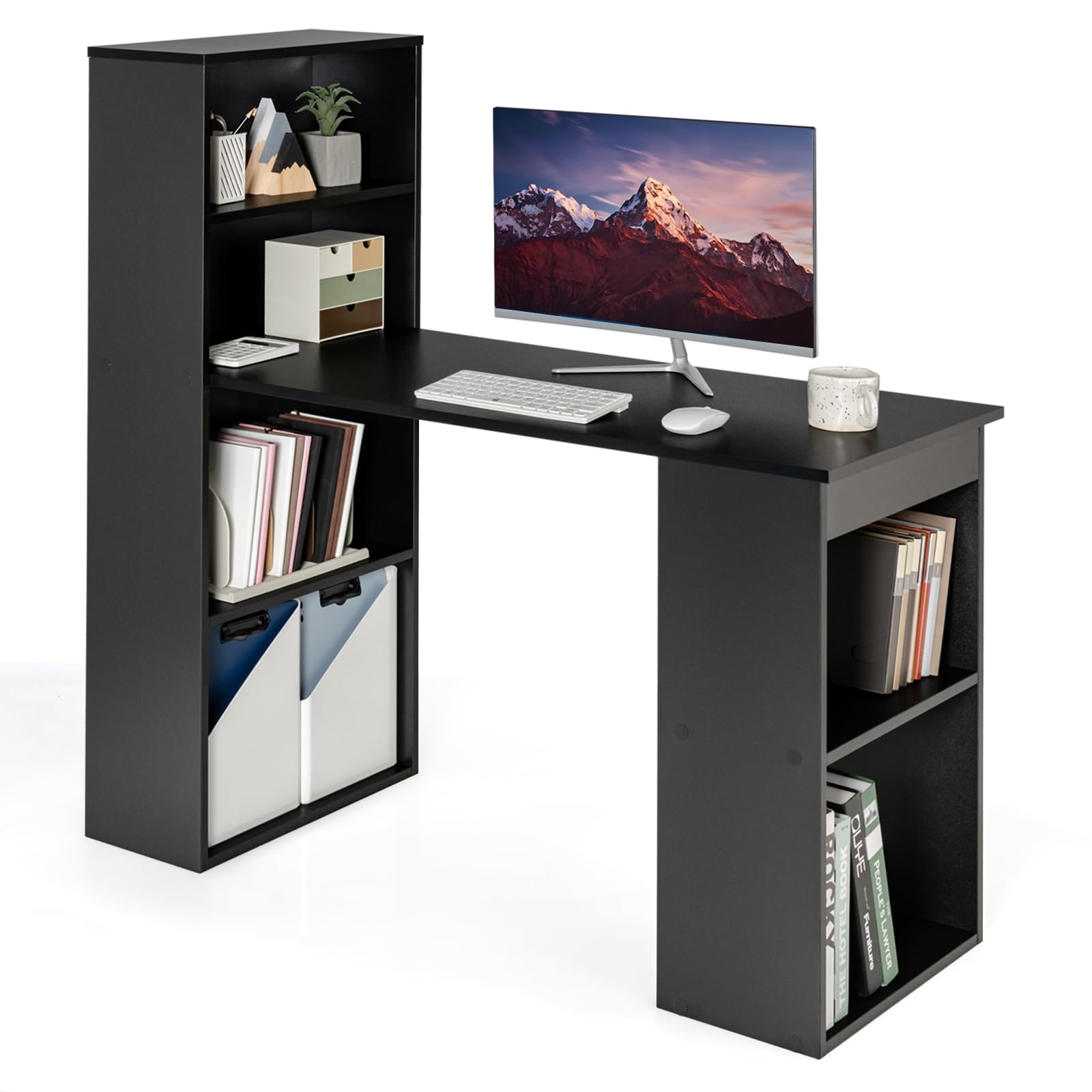 DREAMADE Computer Desk with Shelves, Corner Writing Desk with 6-Tier Storage Bookcase, Detachable Shelf, Reversible Workstation Home Office Desks for