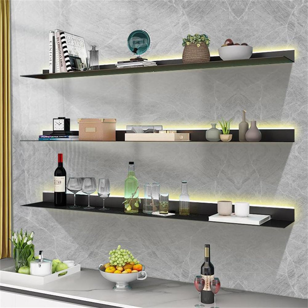 Estantes flotantes de Pared con luz LED, Estante de iluminación para Bar Comercial, estantes flotantes de Metal para Libros, para Dormitorio, Sala de Estar, baño,Negro,80 * 20 * 6CM