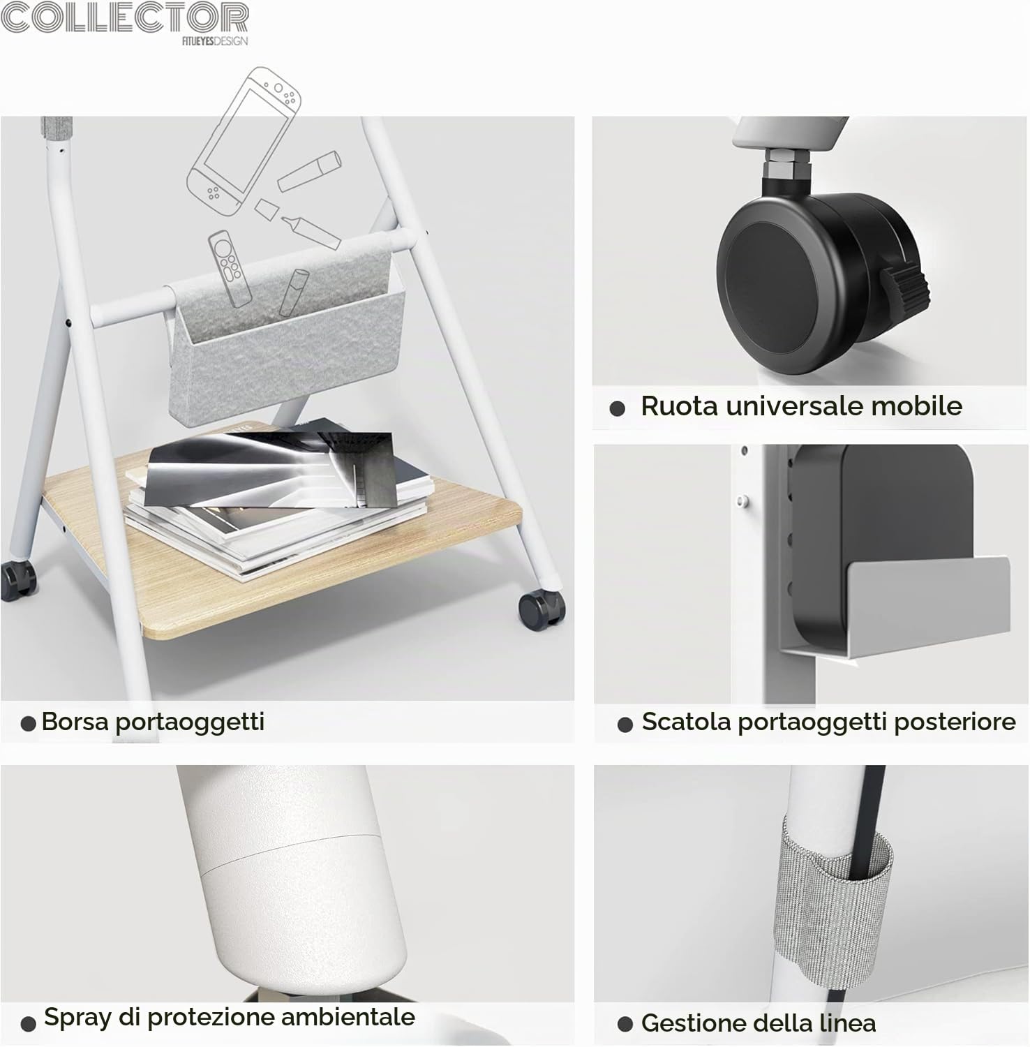 FITUEYES Supporto TV da Pavimento per Schermi 46 50 55 60 65 Pollici con Ruote, Carrello Moderno Mobile TV ad Angolo con Ripiani in Legno, Serie COLLECTOR