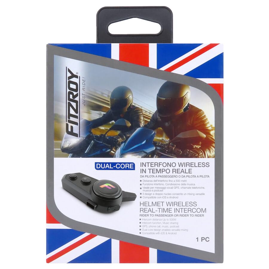 FITZROY Interfono Moto Bluetooth 5.3, Auricolare Casco Moto con Comunicazione 500m, Interphone Moto con Cancellazione Rumore CVC+DSP PRO, Condivisione Musica e Audio Multitasking, Impermeabile IPX6