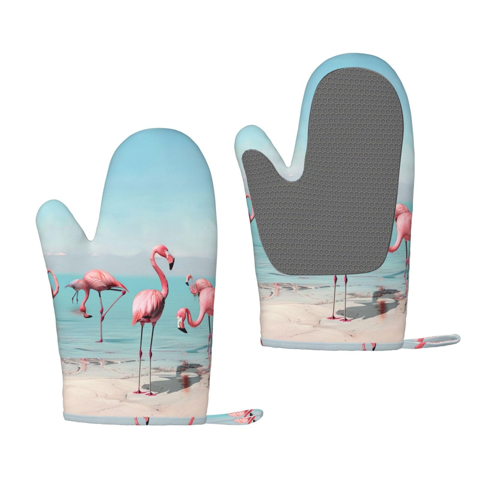 1 paire de gants de cuisine en silicone résistants à la chaleur pour cuisine et barbecue Motif flamants roses sur la plage