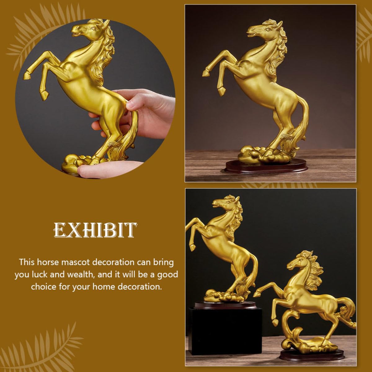Pferdestatue aus Kunstharz in Goldener Farbe Stilvolle und Glänzende Pferdefigur zur Wohn und Bürodekoration für Regale und Vitrinen