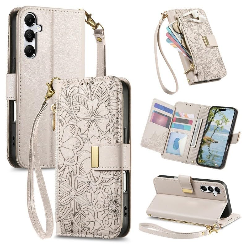 Housse Samsung Galaxy S23 Ultra étui portefeuille cuir gris floral