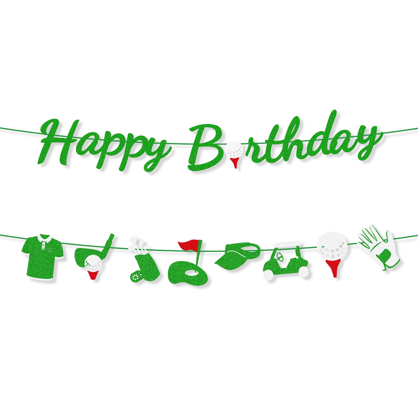Golf Happy Birthday Banner, Pre-Strung Golf Themed Birthday Party Banner Green Glitter Sports Theme Party Decoration for Kids and Adults