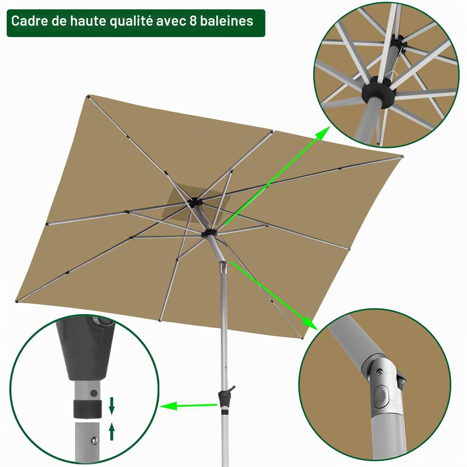 RANSENERS Parasol de Jardin 250 x 250 cm, Inclinable 30° des Deux Côtés, 8 Baleines, UV50+, pour Jardin, Terrasse, Café, Extérieur (Kaki)