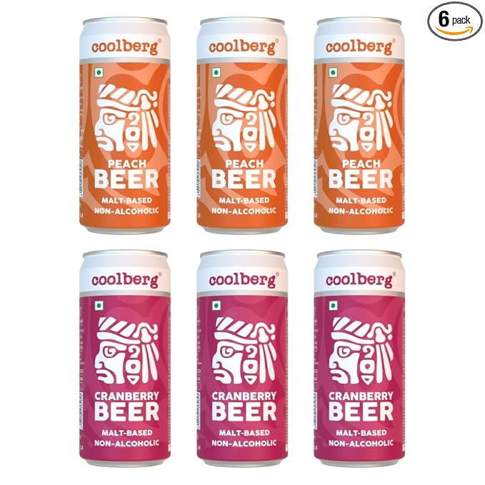 Coolberg Non Alcoholic Beer Assorted Flavors 300ml CANs - Pack of 6 (300ml x 6) Peach & Cranberry