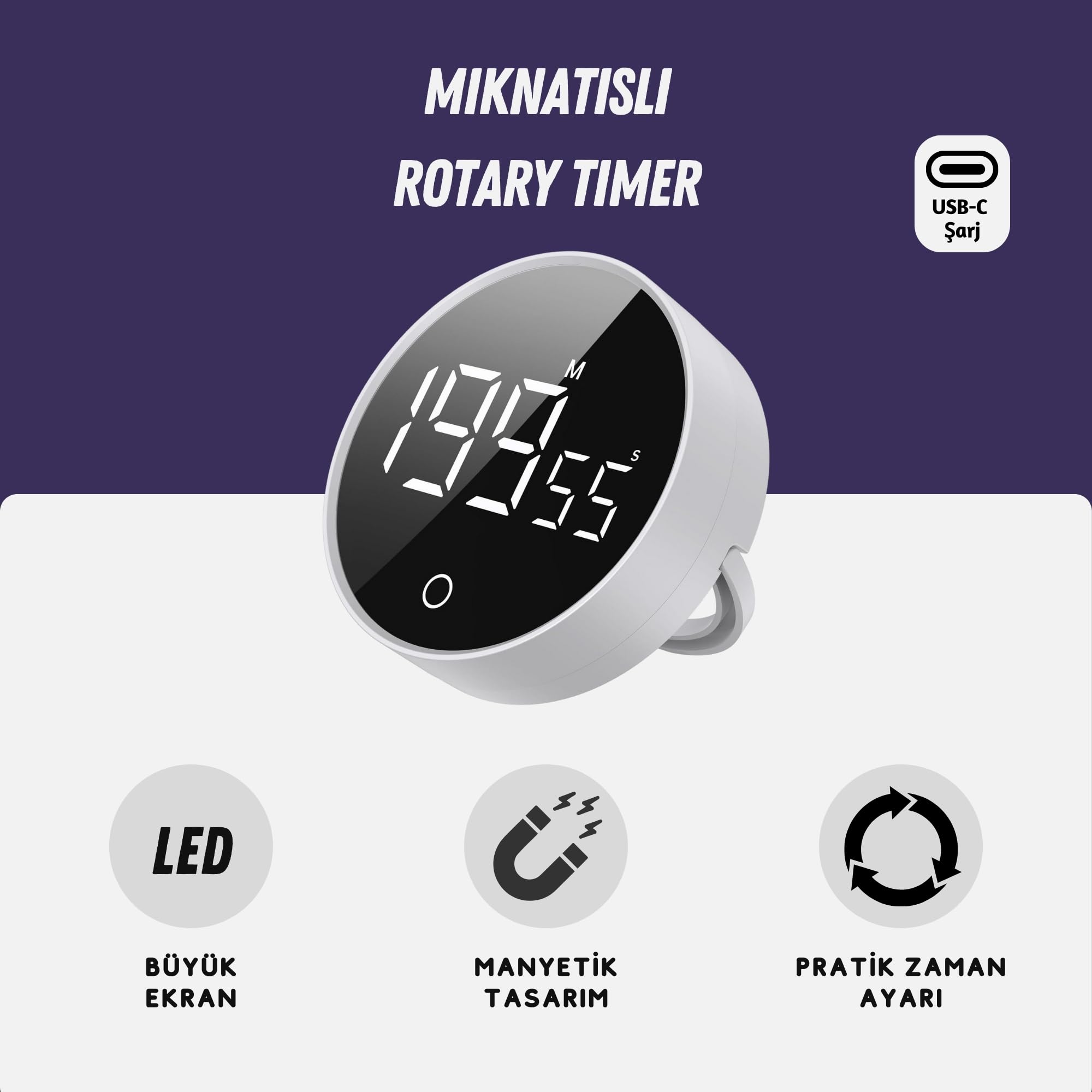 GWORKE RT-1 Mıknatıslı Rotary Zamanlayıcı 0-199 İleri Geri Sayım Kronometre, Ayaklı Stand, LED Ekran, USB-C Şarjlı, Pomodoro & Mutfak Timer (Beyaz)