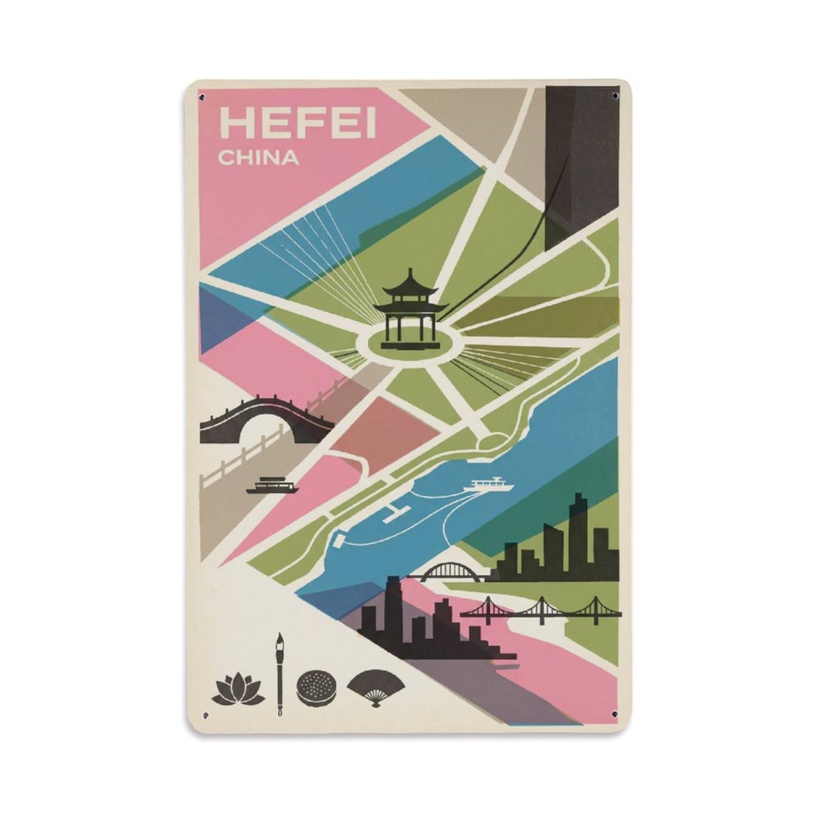 Okngb Style China Hefei Classic Travel Transit Lines Cityscape Metal Tin Sign Plaque Wall Decor For Cafe, Man Cave, Club Bar, Office, Home Garden Round Metal Poster 8X12inch