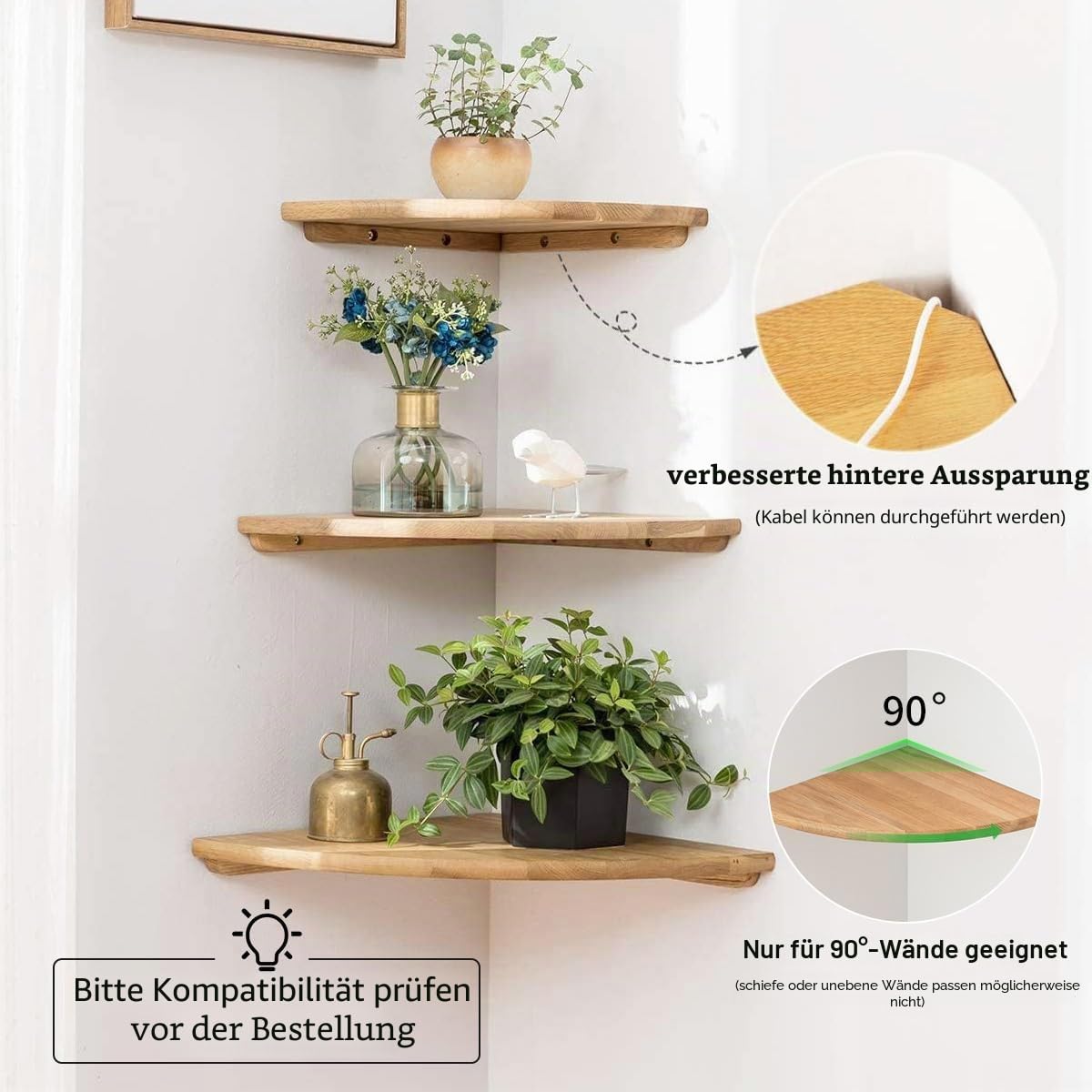 Gieanoo Eckregal Hängeregal, Eiche Massivholz Eckregal runde Enden Wandregal Holz Vintage Landhausstil Regal für Schlafzimmer Wohnzimmer Radius 30cm