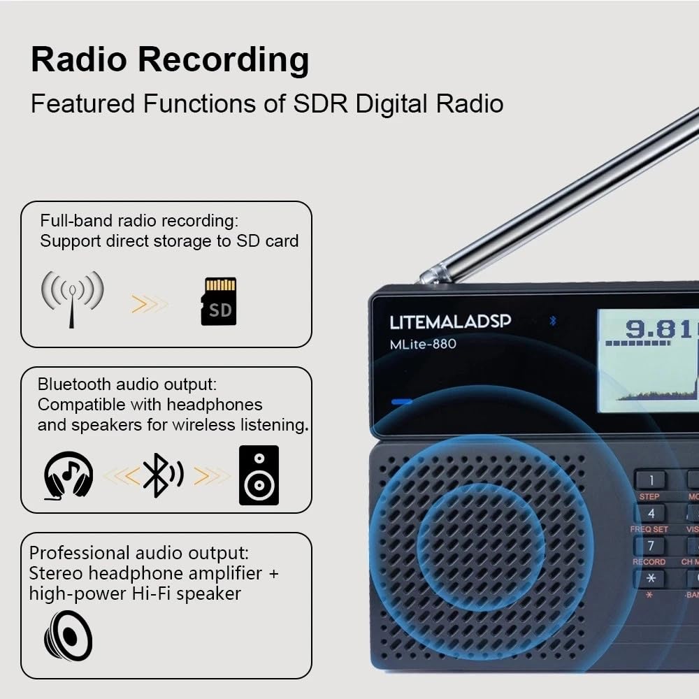 MLite-880 Tragbarer Allband SDR/DSP Radio mit AM/FM/SSB/CW | Tragbares Digitales Radio Multi-Band-Radio Echtzeit-Spektrumanzeige BT-Audio, TF-Aufnahme für Kurzwelle und VHF