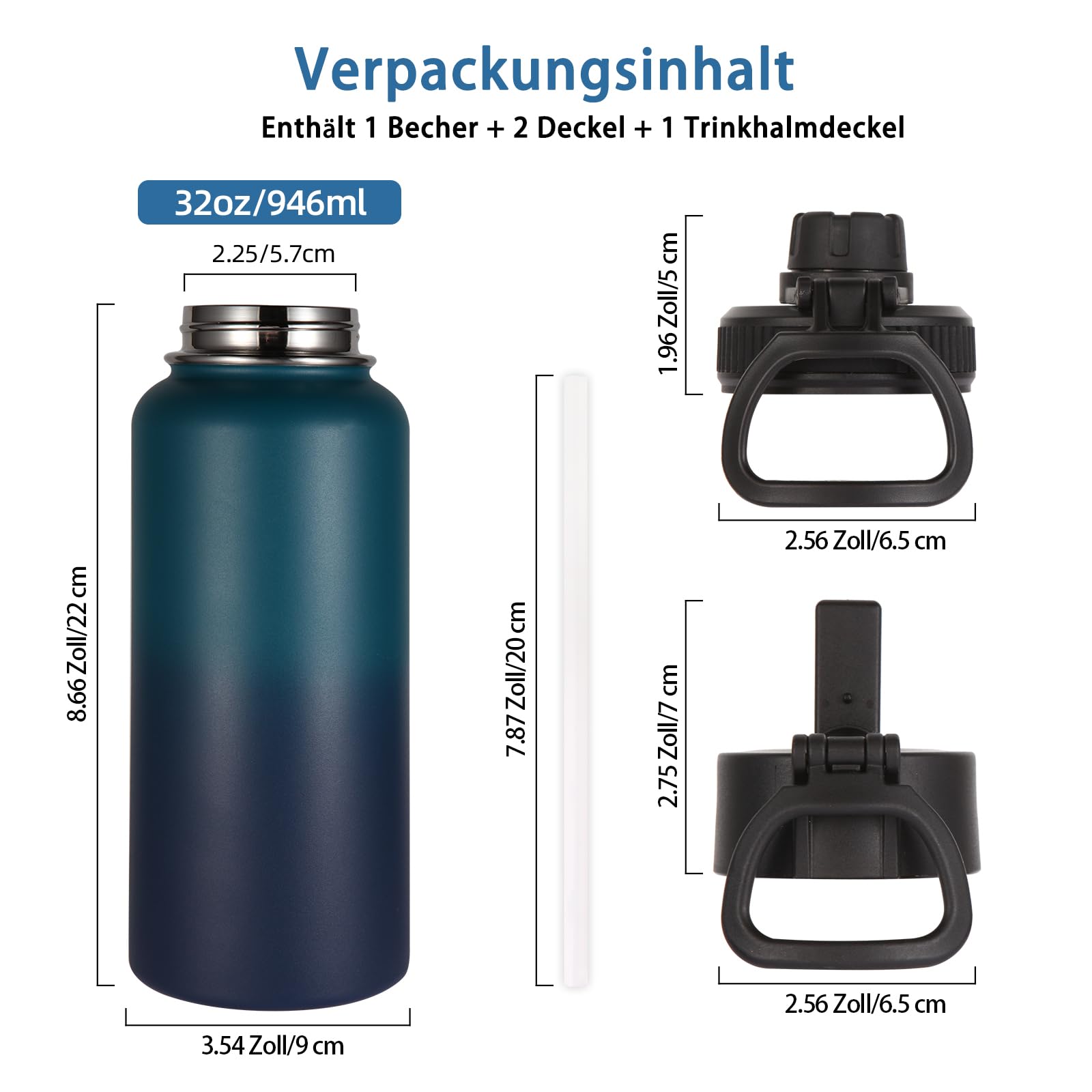 Volhoply 1000ml Trinkflasche Edelstahl, 1 Liter vakuumisolierte doppelwandige Thermosflasche mit Strohhalm und Griff, inkl. 2 Deckeln, BPA-frei Isolierflasche für Outdoor Sport(Nachtschwarz,4er-Set)
