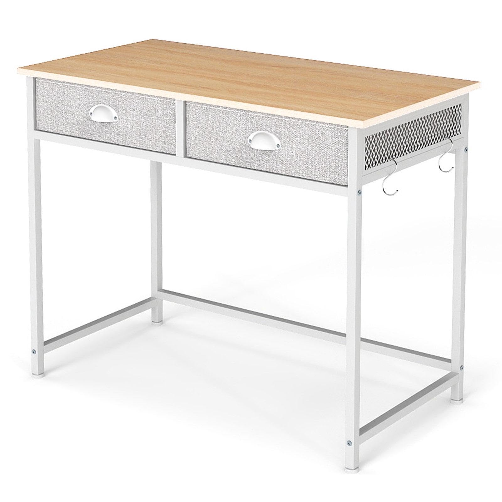 CASART Computer Desk with 2 Drawer, 90 x 45cm Home Office Desk with Metal Frame, Wooden Writing Desk Compact Study Table for Small Spaces (Natural + White)