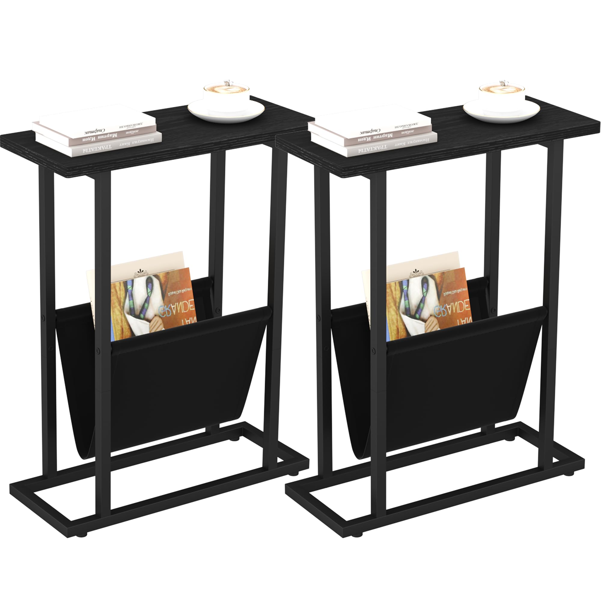 Yusong Narrow Side Table for Small Spaces, Small End Table Set of 2 with Magazine Holder, Skinny Slim Little Thin Table for Living Room, Bedroom, Sofa