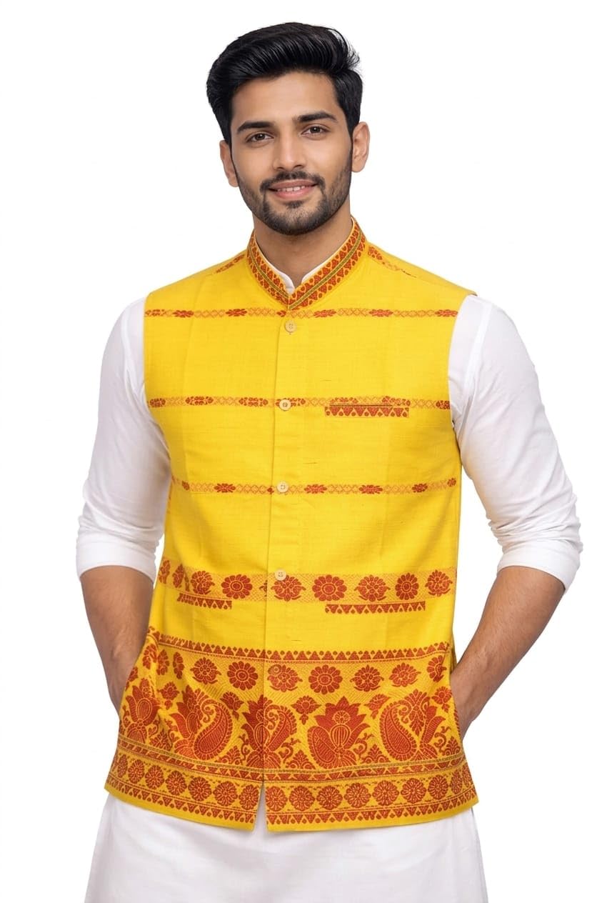ADIVASI Waistcoat for Men and Boys, Yellow with Red Traditional Print Design-picture-58