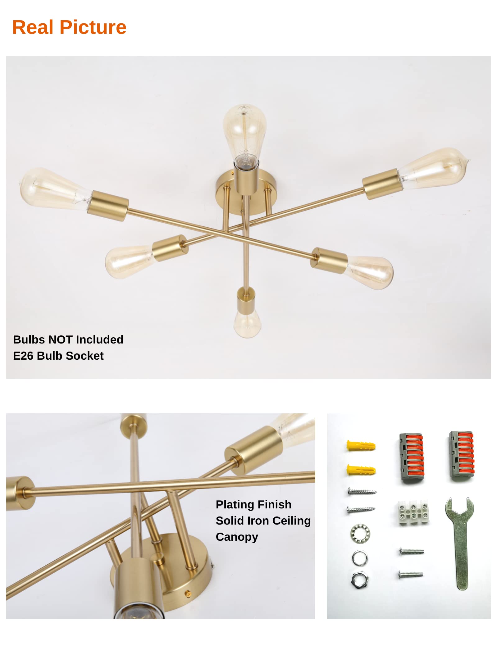 FLAMWILD Gold Ceiling Light Fixture, Modern Sputnik Chandelier, Mid Century Industrial Lighting for Bedroom Kitchen Dining Living Room, 6 Lights