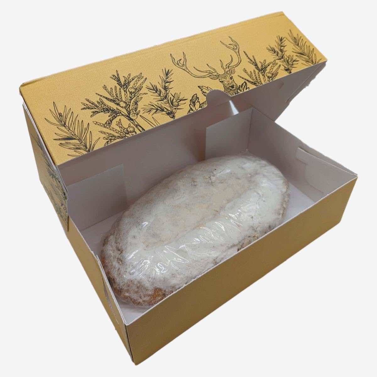 Bäckerei Spiegelhauer Stollenkarton geeignet für 1kg Stollen I Aufschrift Mit Liebe gebacken I Stollen Geschenk-Karton Weihnachten I Gebäckkarton zur Stollenaufbewahrung I Stollenkarton leer Küche, Haushalt & Wohnen